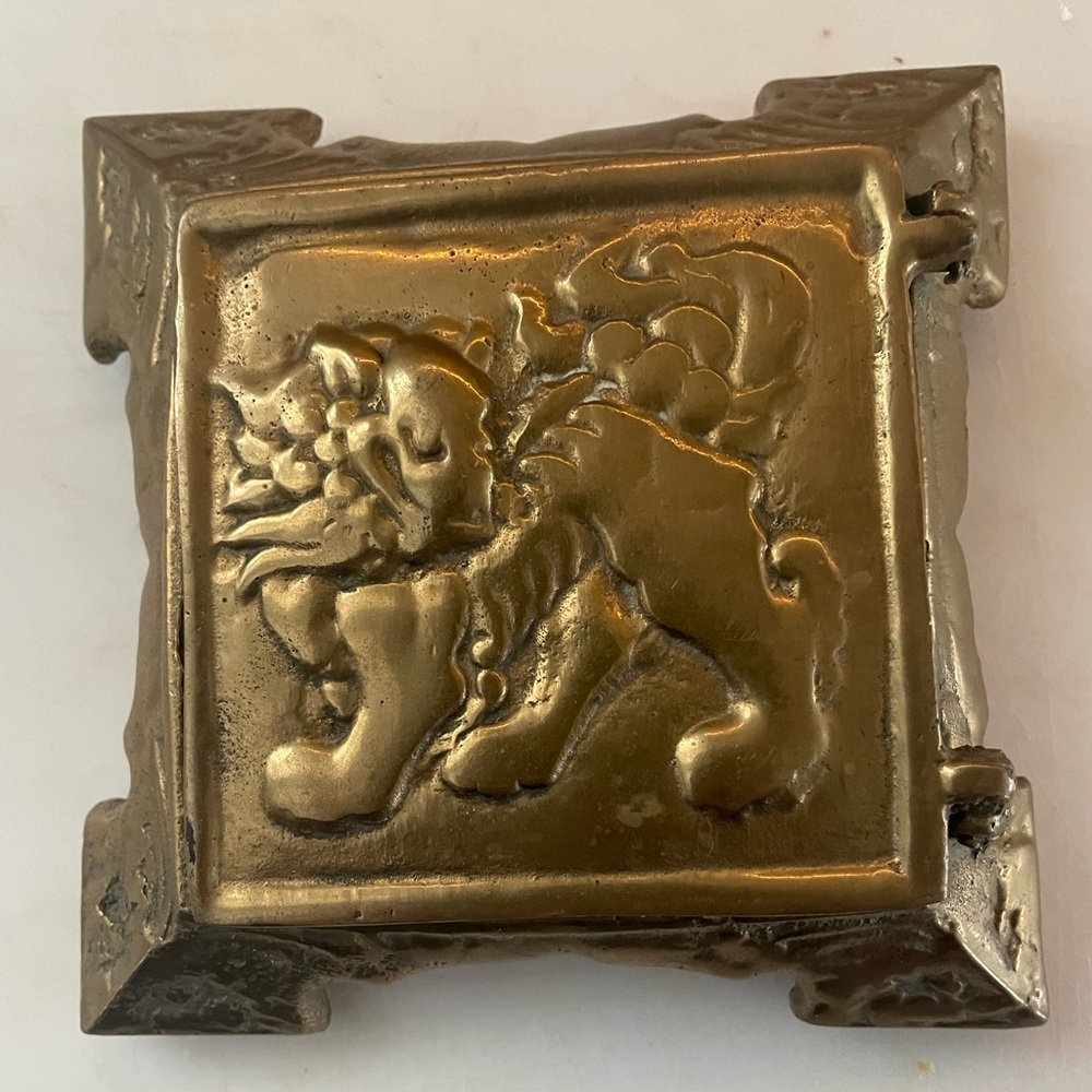 Antique Solid Brass Foo Dog Trinket Box with hinged Lid 19th Century Chinese